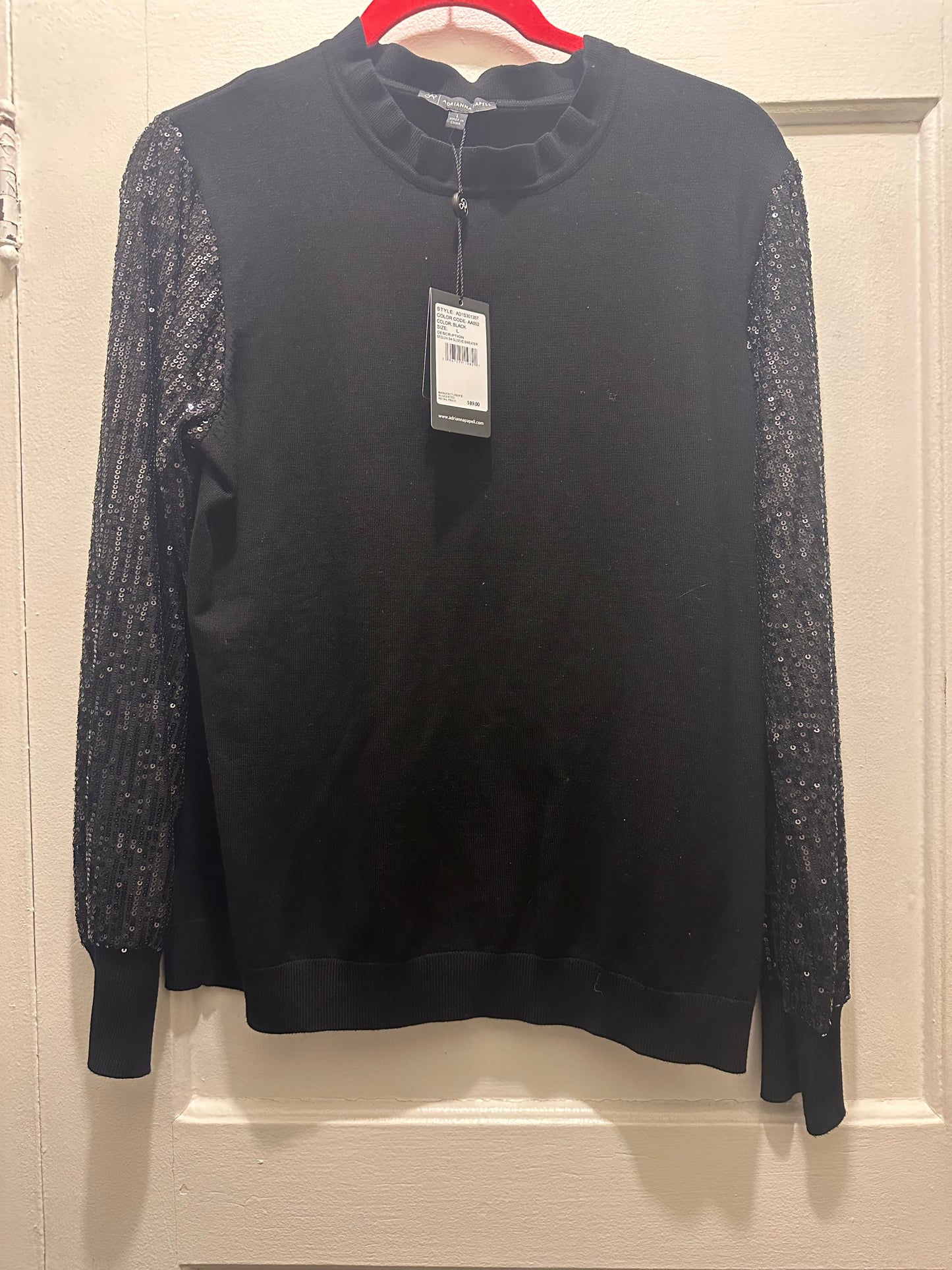 Adrianna Papell Women’s  Mock Ruffle Neck Sequin Sleeve Sweater-Size L-Black-NWT