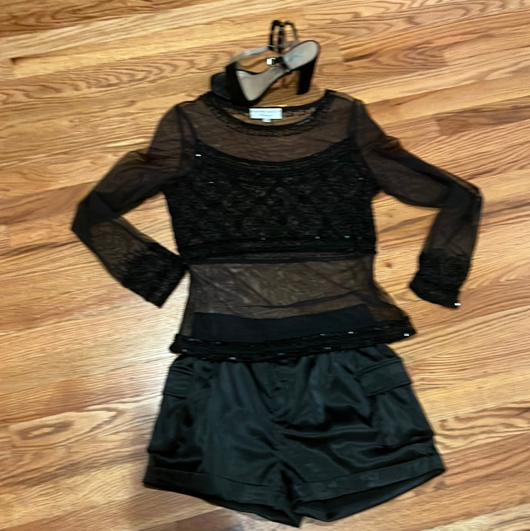 Sheer ADRIANNA PAPELL BLACK SHEER BEADED BLOUUSE SZ M