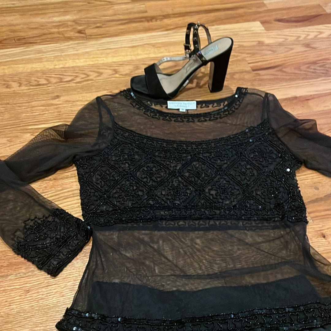 Sheer ADRIANNA PAPELL BLACK SHEER BEADED BLOUUSE SZ M