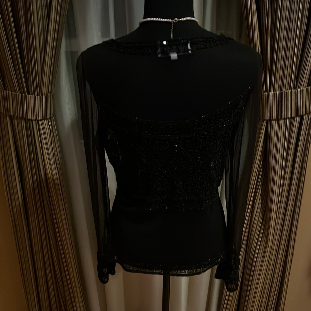 Sheer ADRIANNA PAPELL BLACK SHEER BEADED BLOUUSE SZ M
