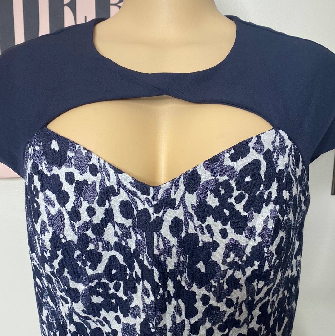 KAY UNGER BLUE JACQUARD TEXTURED FLORAL PRINT FIT AND FLARE EVENING/COCKTAIL DRESS WITH POCKETS SZ 10