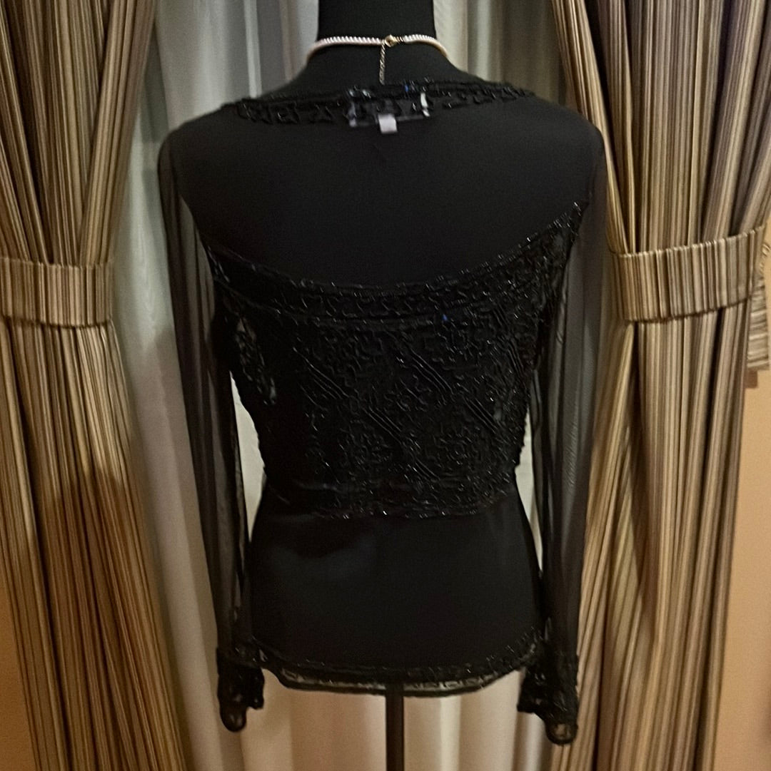 Sheer ADRIANNA PAPELL BLACK SHEER BEADED BLOUUSE SZ M