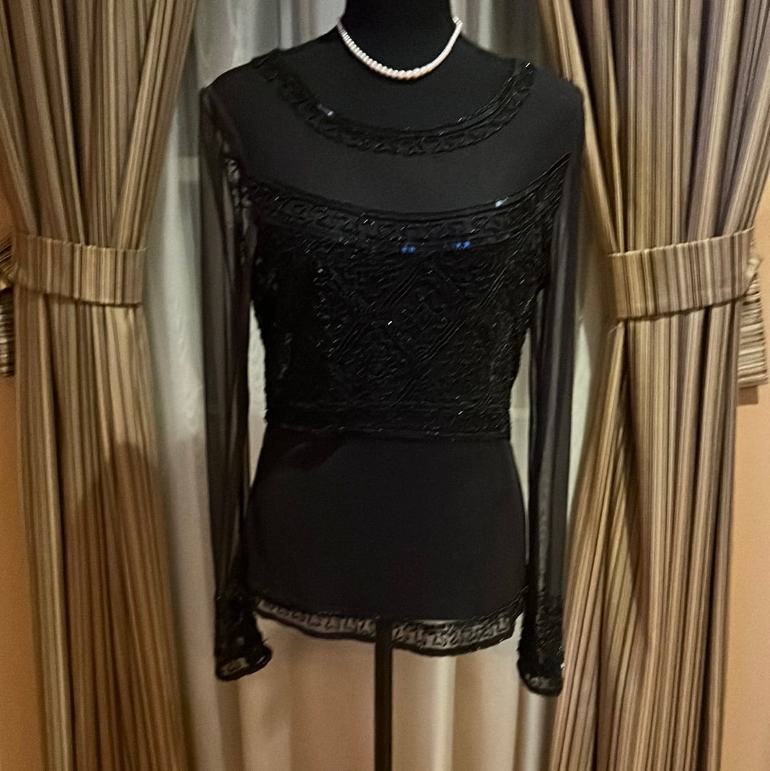 Sheer ADRIANNA PAPELL BLACK SHEER BEADED BLOUUSE SZ M