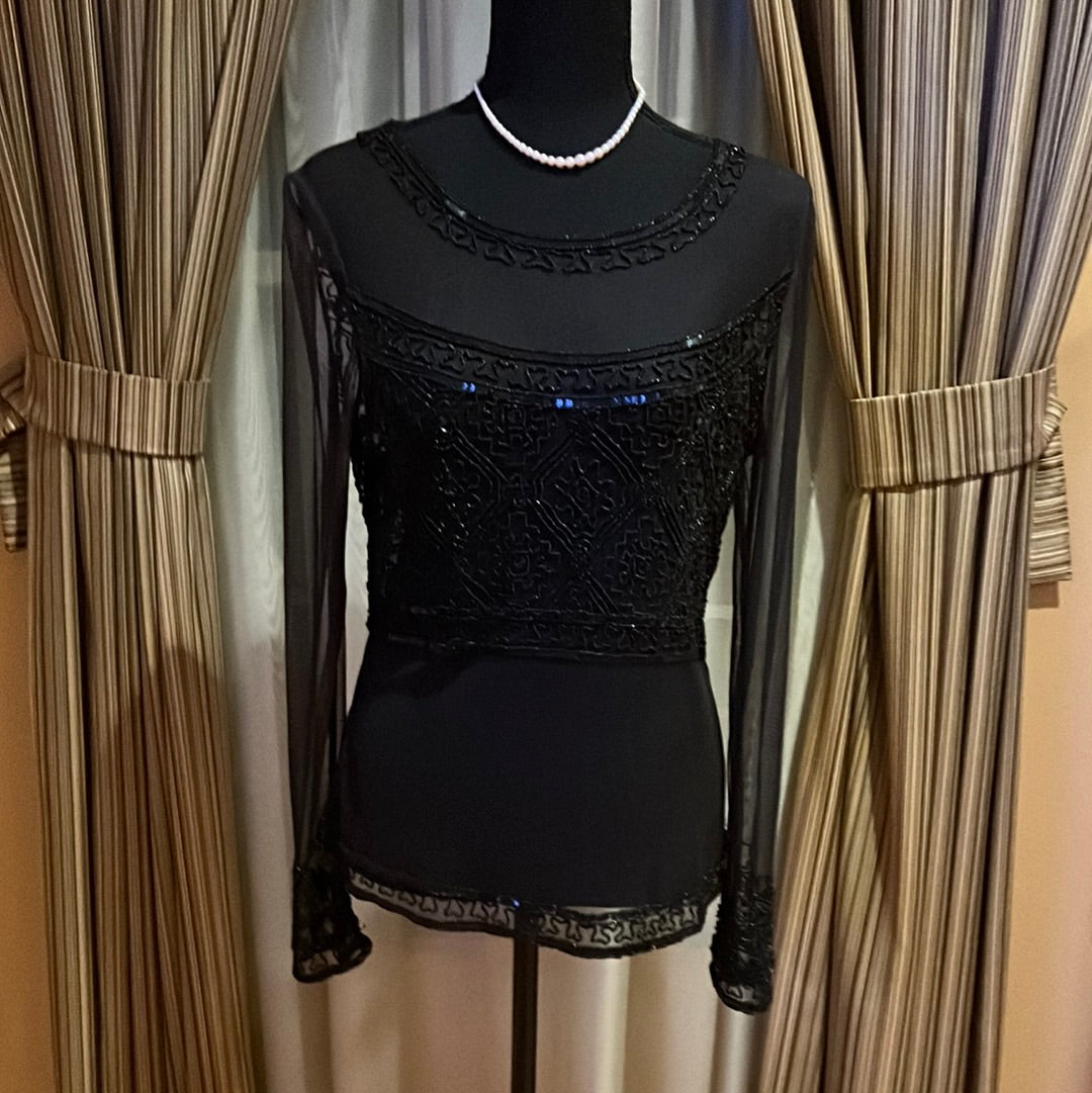 Sheer ADRIANNA PAPELL BLACK SHEER BEADED BLOUUSE SZ M