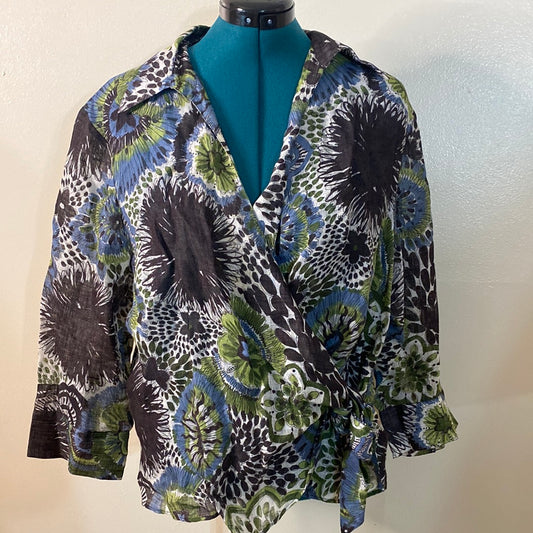 Lafayette 148 GREEN/BROWN JUNGLE PRINT WRAP BLOUSE SZ 20