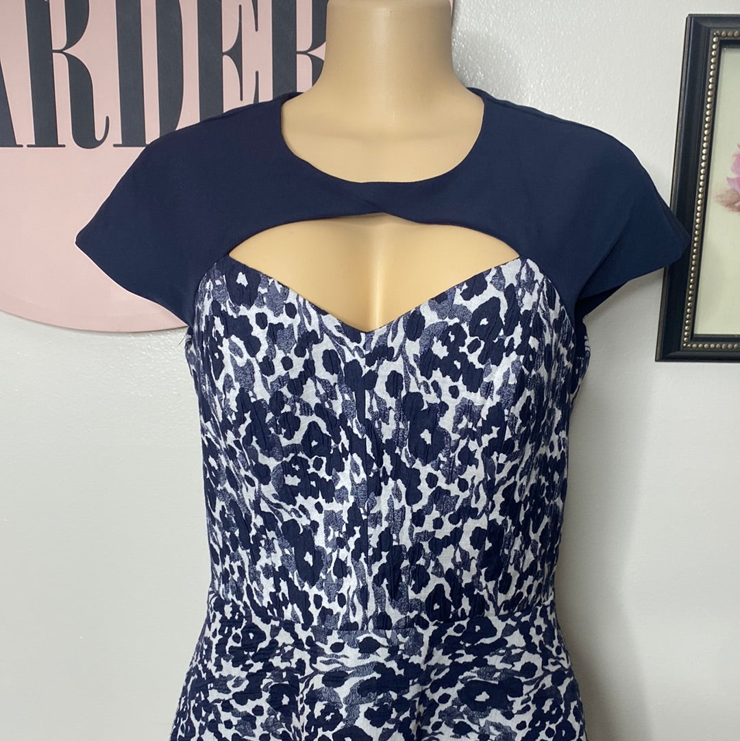 KAY UNGER BLUE JACQUARD TEXTURED FLORAL PRINT FIT AND FLARE EVENING/COCKTAIL DRESS WITH POCKETS SZ 10