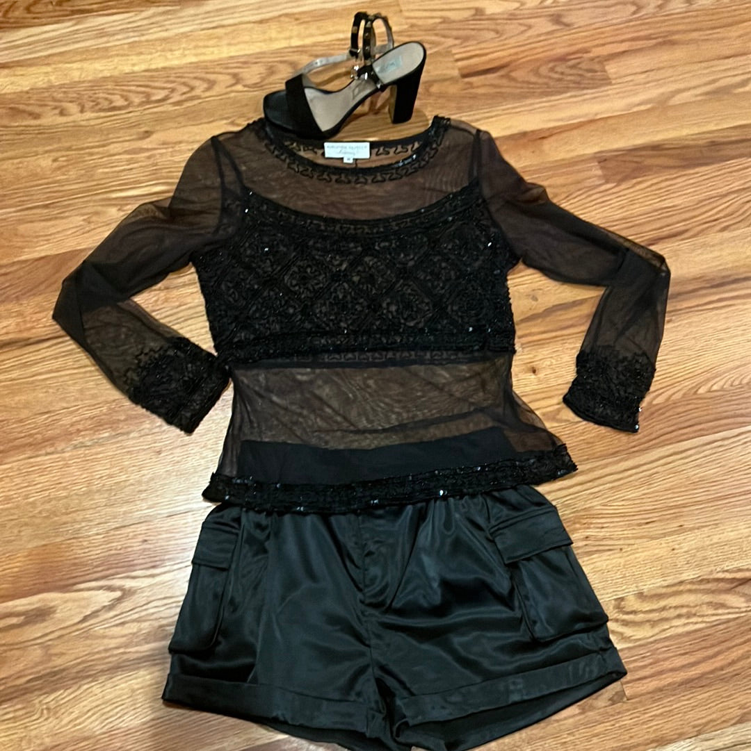 Sheer ADRIANNA PAPELL BLACK SHEER BEADED BLOUUSE SZ M