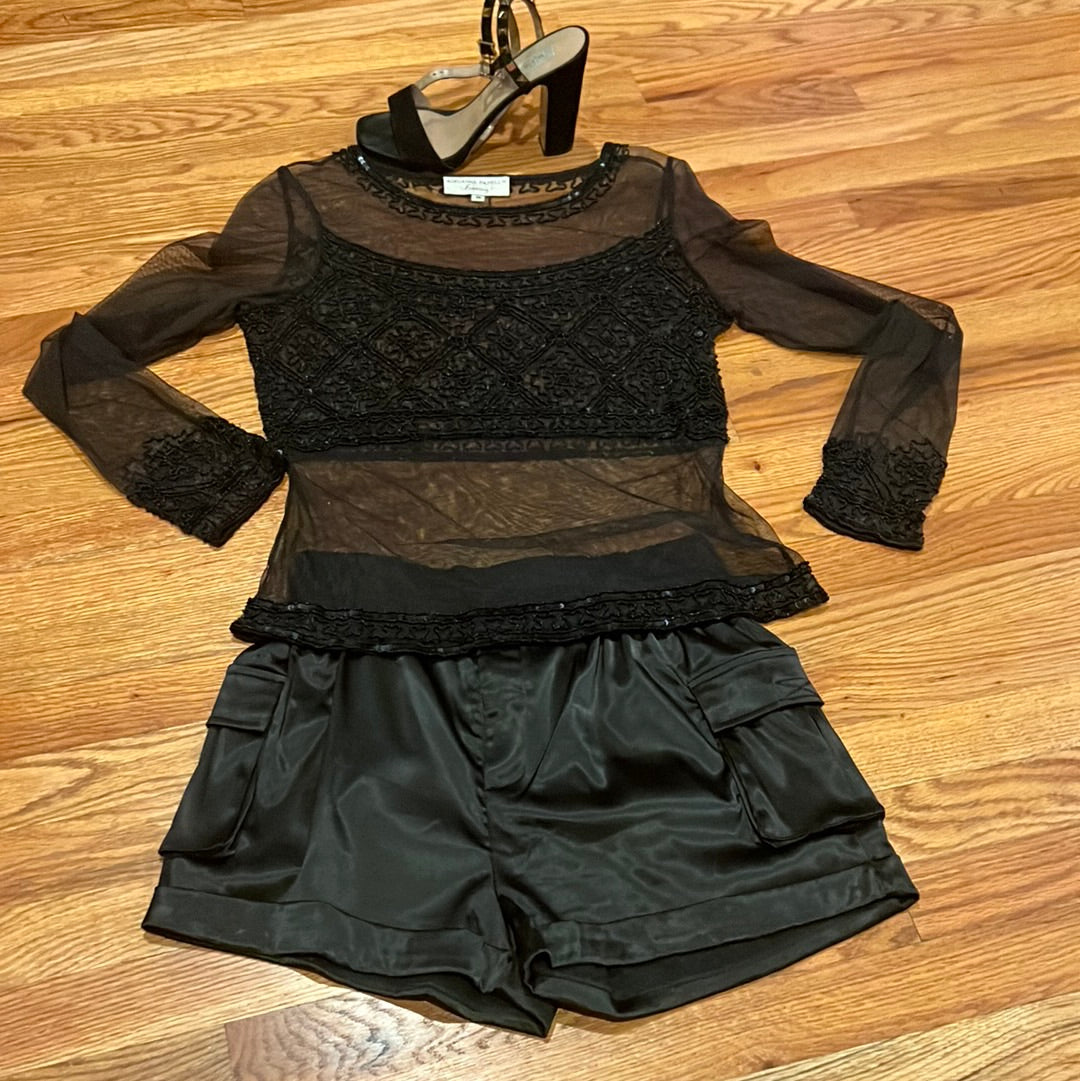 Sheer ADRIANNA PAPELL BLACK SHEER BEADED BLOUUSE SZ M