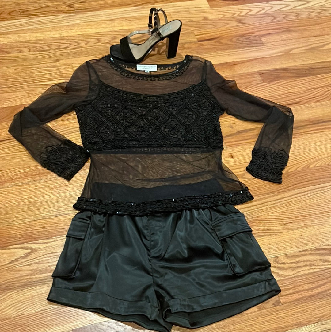 Sheer ADRIANNA PAPELL BLACK SHEER BEADED BLOUUSE SZ M