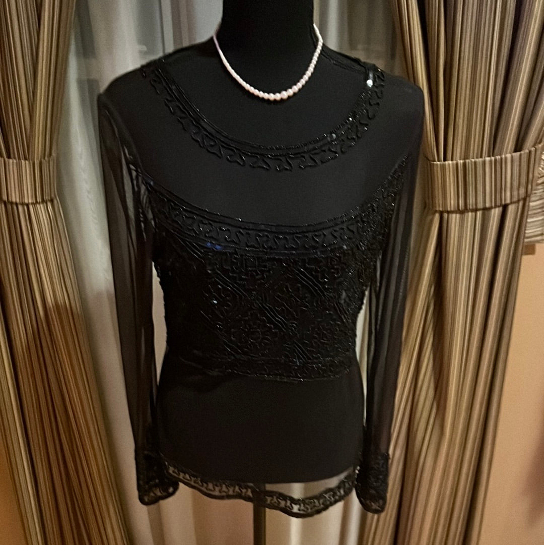 Sheer ADRIANNA PAPELL BLACK SHEER BEADED BLOUUSE SZ M